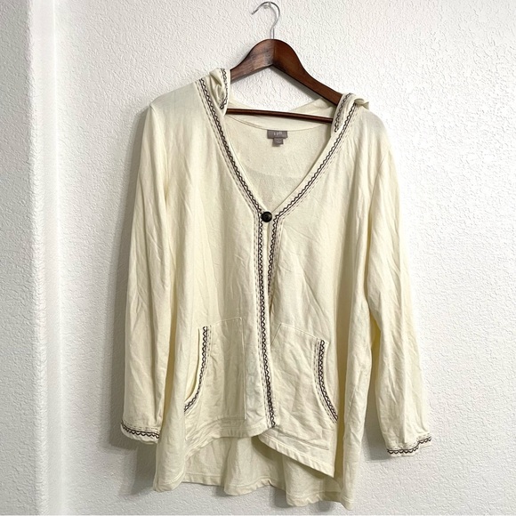 J Jill Womens Cardigan Ivory One Button Emroidered Hooded Cotton Size Large - Picture 1 of 9